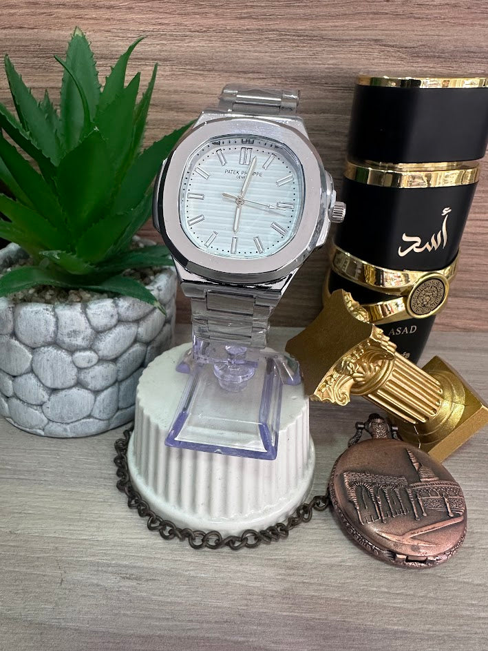 RELOJ PATEK PLATEADO ESFERA BLANCA