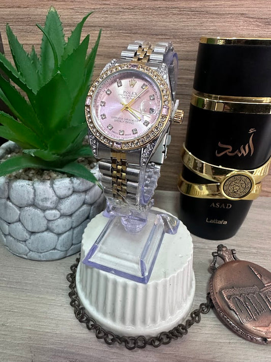 RELOJ ROLEX DAMA BICOLOR ESFERA ROSA ARO DIAMANTADO