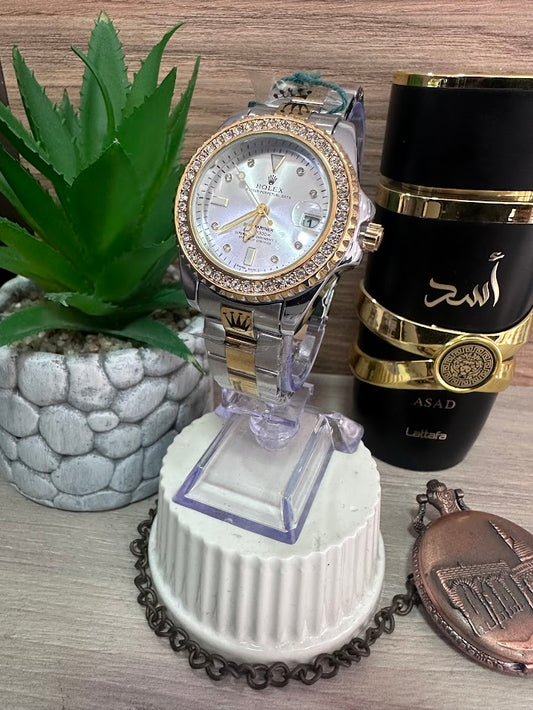 RELOJ ROLEX DAMA BICOLOR ESFERA PLATEADA ARO DIAMANTADO