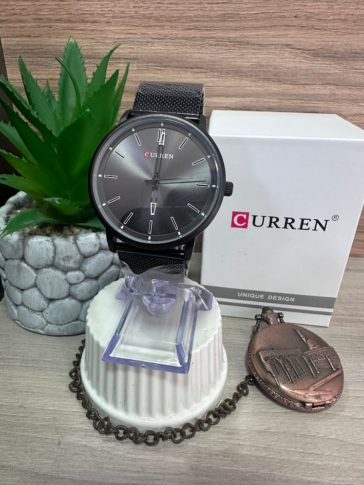 RELOJ CURREN NEGRO ESFERA NEGRA MANILLA TEJIDO CHINO