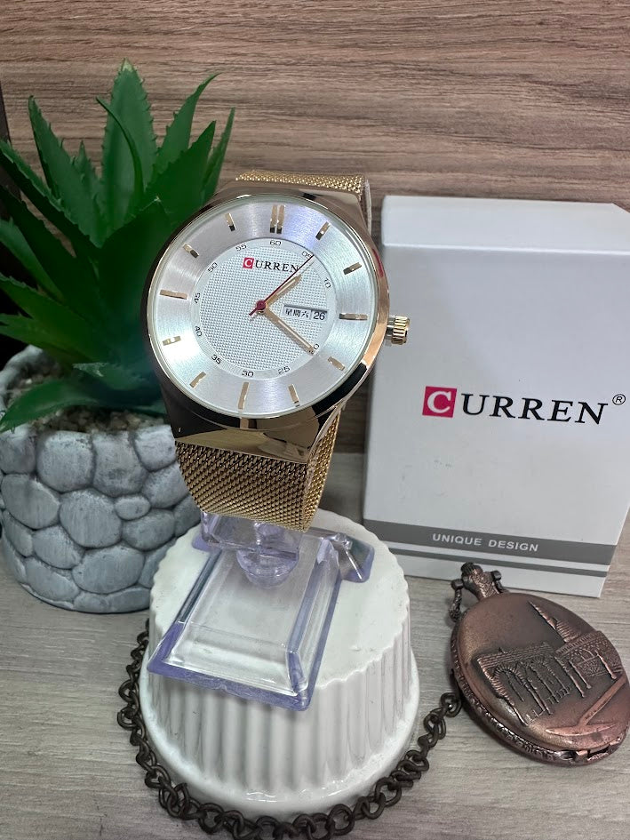 RELOJ CURREN DORADO ESFERA PLATEADA MANILLA TEJIDO CHINO