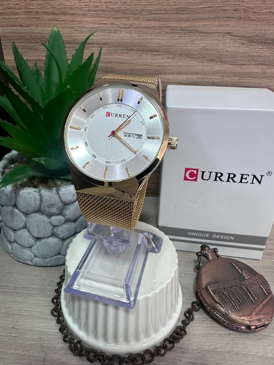 RELOJ CURREN DORADO ESFERA PLATEADA MANILLA TEJIDO CHINO