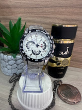 RELOJ CASIO EDIFICE PLATEADO ESFERA BLANCA ARO NEGRO