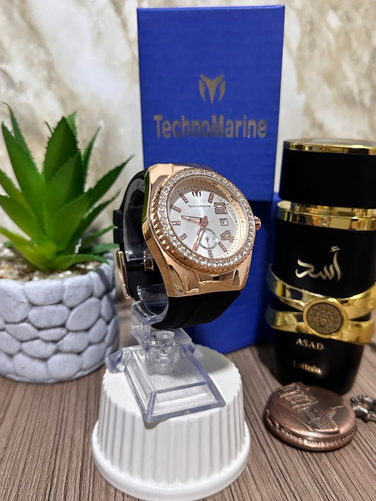 Technomarine Oro Rosa Diamantado Manilla Silicona Negra