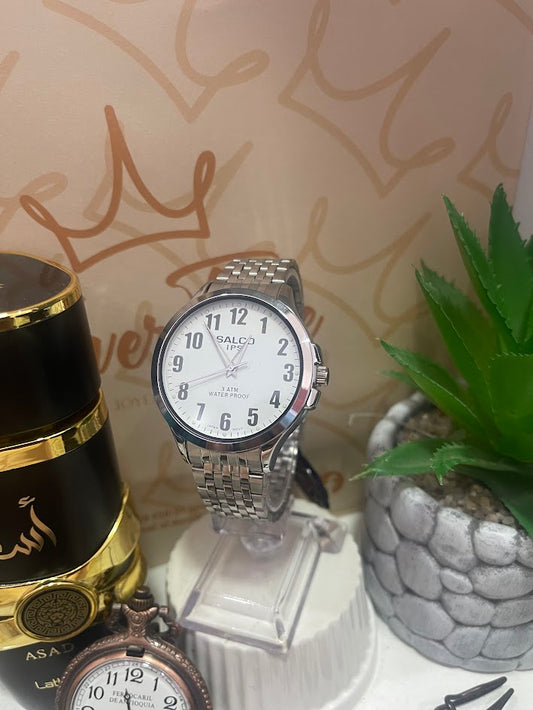 RELOJ SALCO PLATEADO ESFERA BLANCA