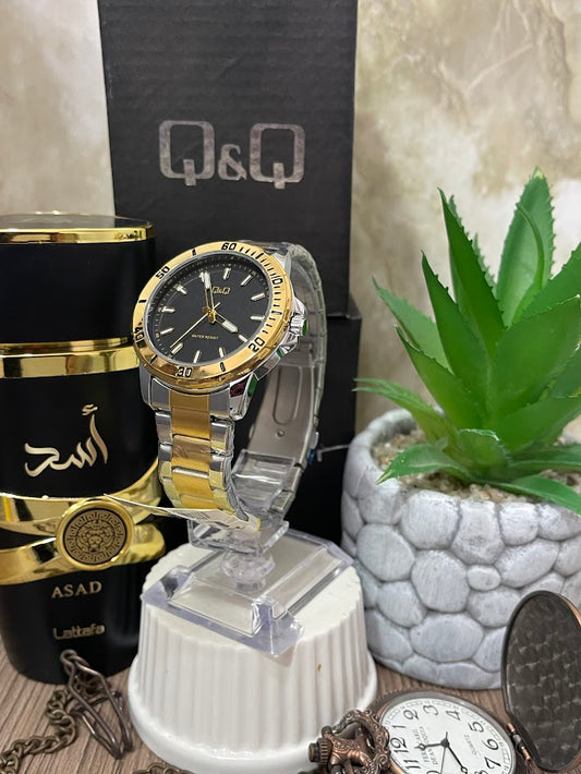 RELOJ QYQ CABALLERO BICOLOR DETALLES BLANCOS ESFERA NEGRA