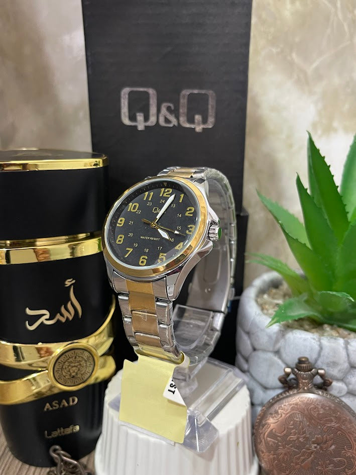 RELOJ Q&Q BICOLOR ESFERA NEGRA NUMERO DORADO