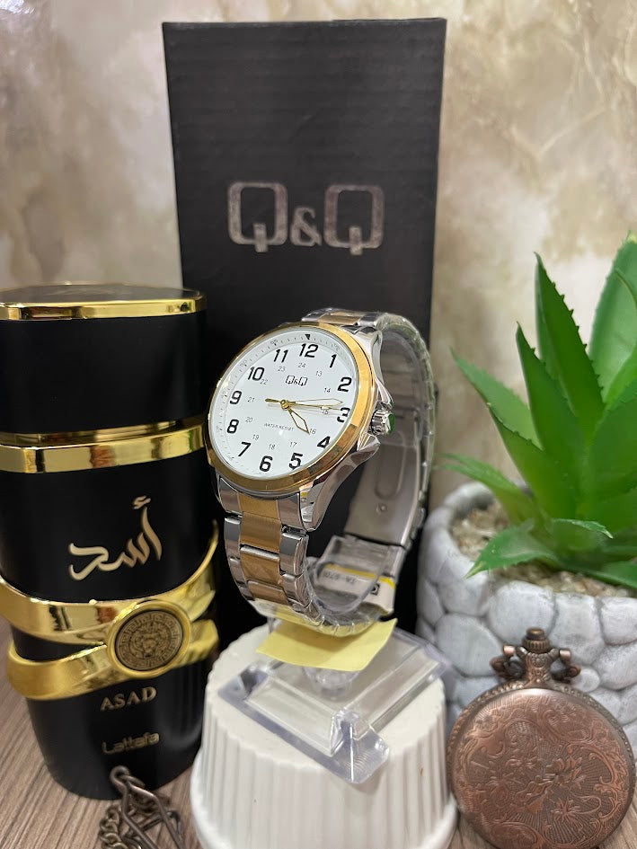 RELOJ QYQ CABALLERO BICOLOR DETALLES CIRCULARES