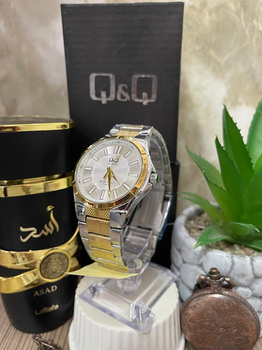 RELOJ Q&Q BICOLOR ESFERA PLATEADA ESTRIA Q