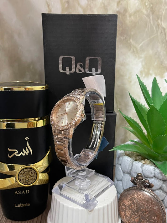 RELOJ Q&Q DAMA ORO ROSA ESFERA ROSA ARO DIAMANTES
