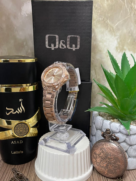 RELOJ Q&Q ORO ROSA ESFERA DORADA ARO DOBLE DIAMANTE