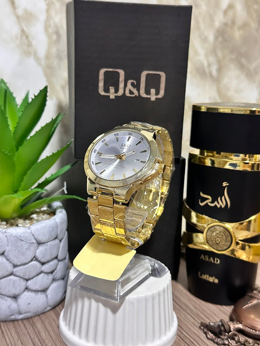 Q&Q DORADO ESFERA BLANCA CON CALENDARIO