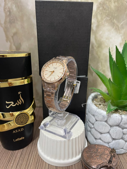 RELOJ QYQ DAMA ORO ROSA DETALLES EN PIEDRAS