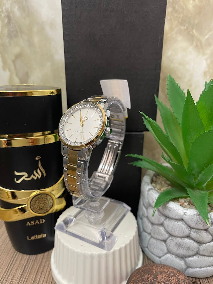 RELOJ QYQ DAMA BICOLOR DETALLES EN PIEDRAS