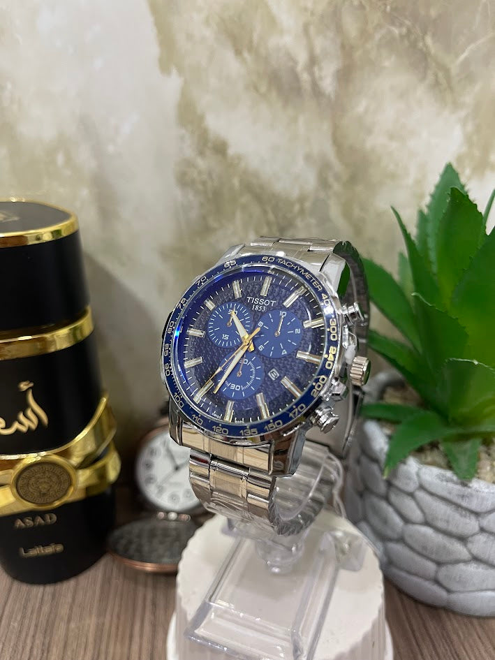 TISSOT PLATEADO CON DETALLES AZULES