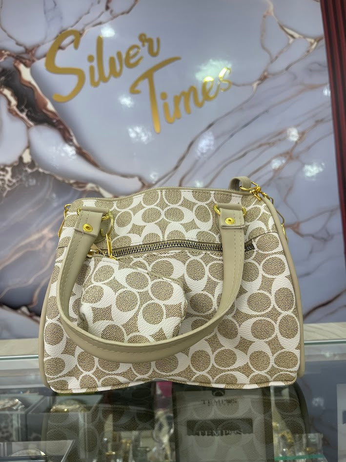 BOLSO DAMA BEIGA OVALOS BLANCOS