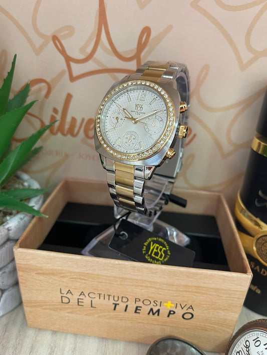 RELOJ YESS BICOLOR ESFERA BLANCA CRONOGRAFOS ESFERA DIAMANTADA 250512