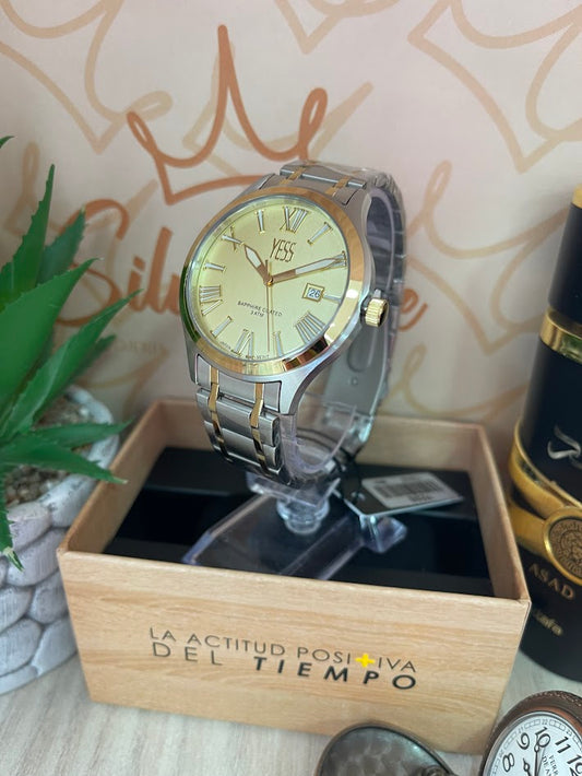 RELOJ YESS BICOLOR ESFERA DORADA ARO DORADO Y25028