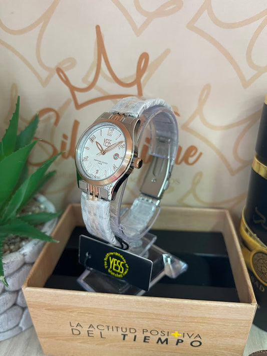 RELOJ YESS DAMA BICOLOR ESFERA BLANCA ARO ORO ROSA Y25020