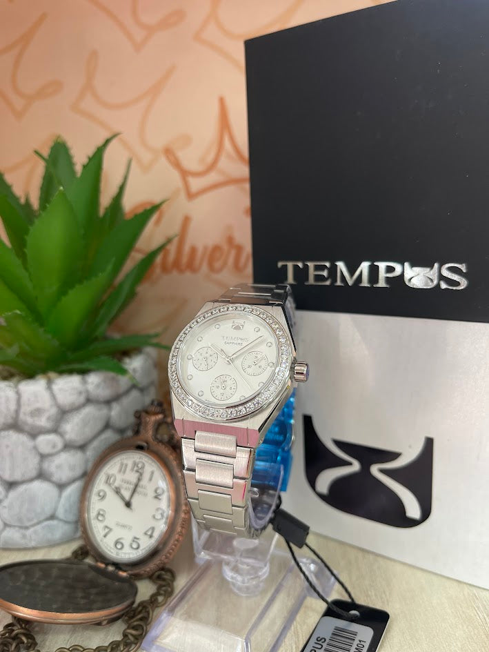 RELOJ TEMPUS DAMA PLATEADO ARO DIAMANTADO