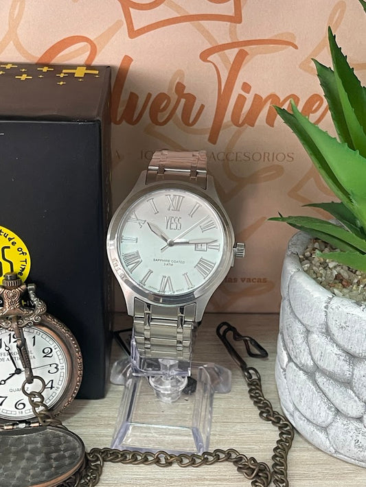 RELOJ YESS METALICO PLATEADO ESFERA PLATEADA Y25028