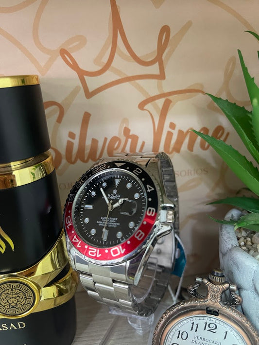 RELOJ ROLEX PLATEADO ARO CON DETALLES ROJO Y NEGRO