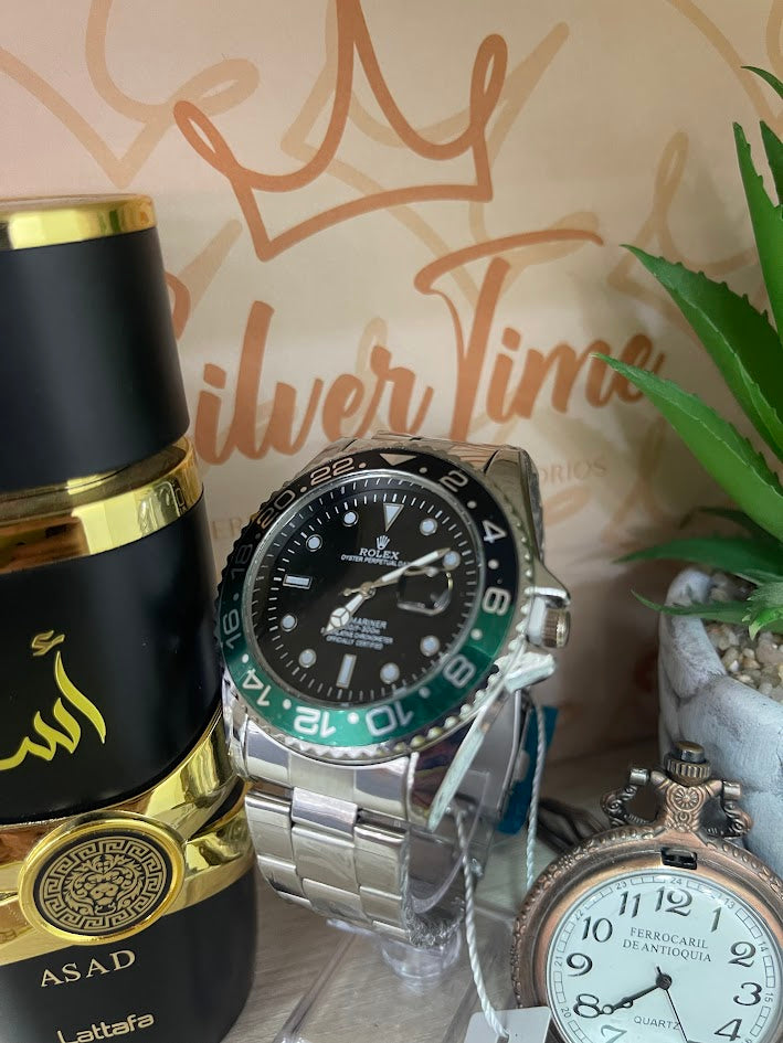 RELOJ ROLEX PLATEADO ARO VERDE Y NEGRO
