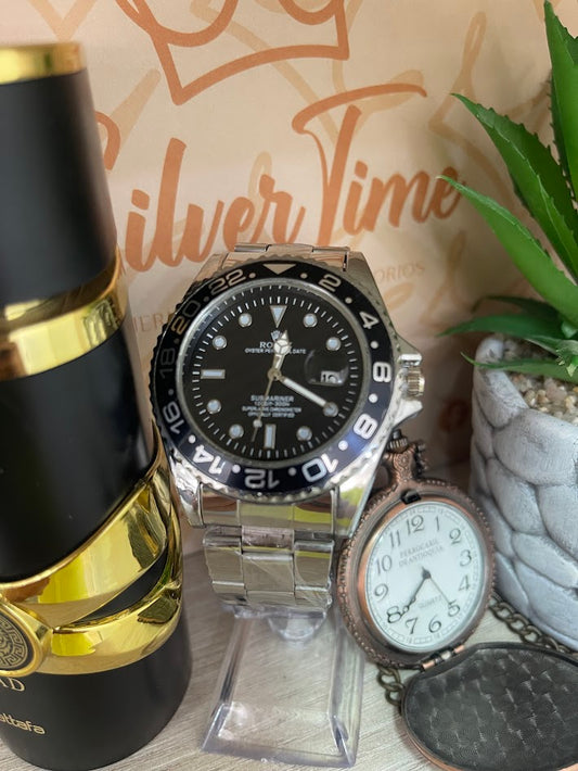 RELOJ ROLEX CABALLERO PLATEADO DETALLES NEGROS