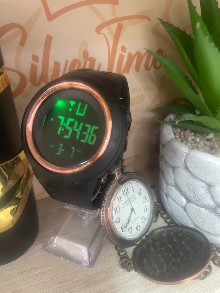 RELOJ DIGITA NEGRO CON DETALLE ORO ROSA