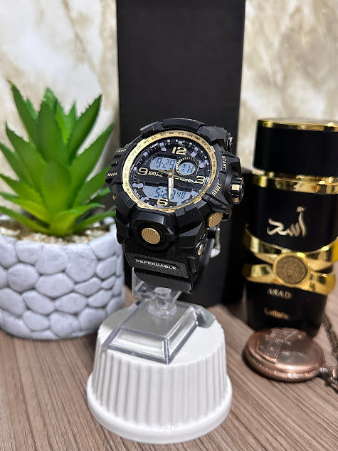 Reloj Digital Doble Hora Negro y Dorado