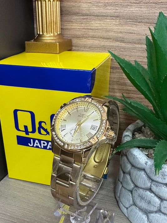 RELOJ INVICTA ANGEL DORADO DAMA DETALLES EN PIEDRA FONDO DORADO
