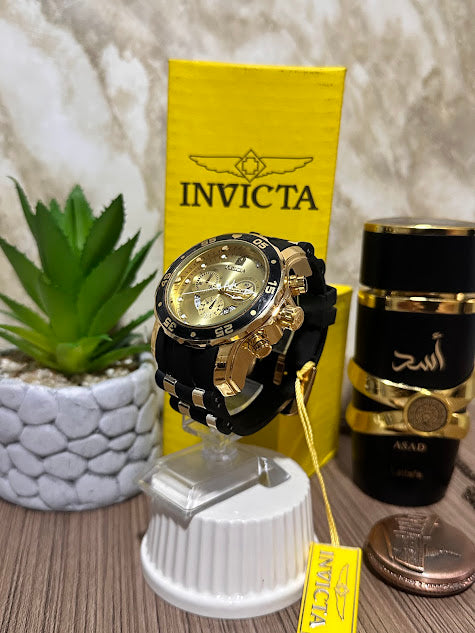 Invicta Dorado Esfera Dorada Aro Negro Manilla Silicona Negra V5
