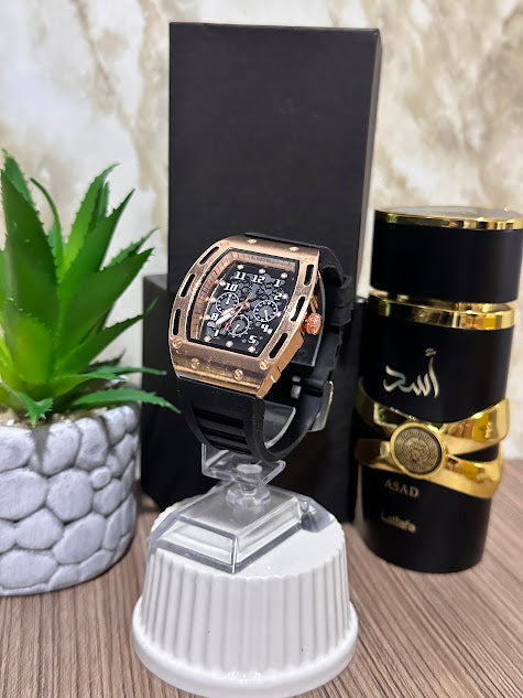Richard Mille Oro Rosa Esfera Negra Manilla Silicona Negra