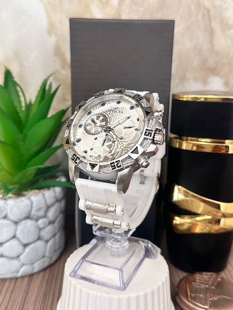 Invicta Plateado Manilla Silicona Blanca