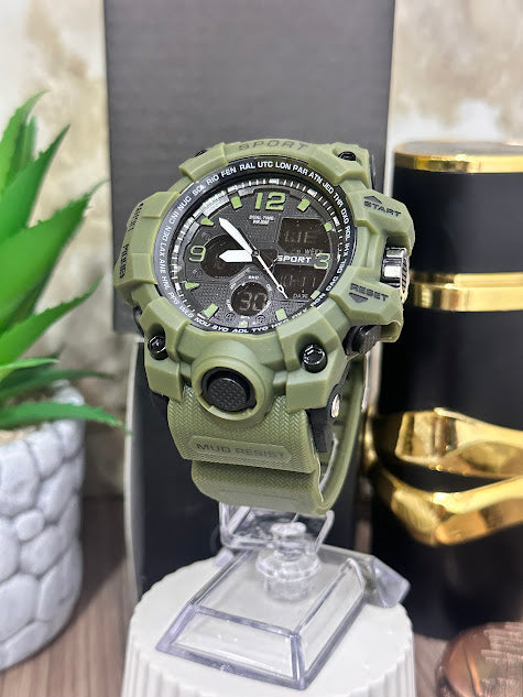Reloj Digital Doble Hora Verde Militar