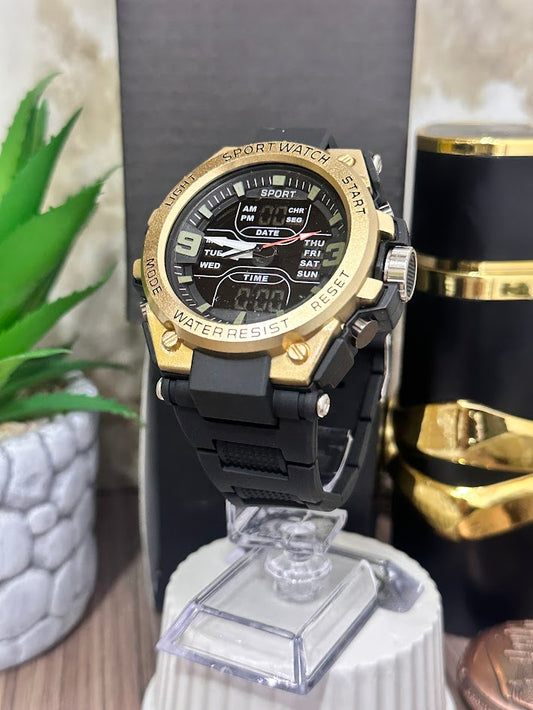 RELOJ DIGITAL DOBLE HORA BORDE DORADO - VARIADOS
