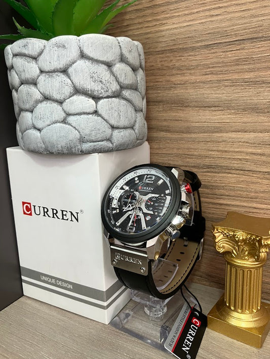 RELOJ CURREN CABALLERO MANILLA EN CUERO NEGRA FONDO NEGRO CON CALENDARIO