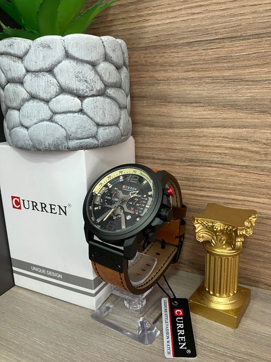 RELOJ CURREN CABALLERO MANILLA EN CUERO CAFE CON CALENDARIO