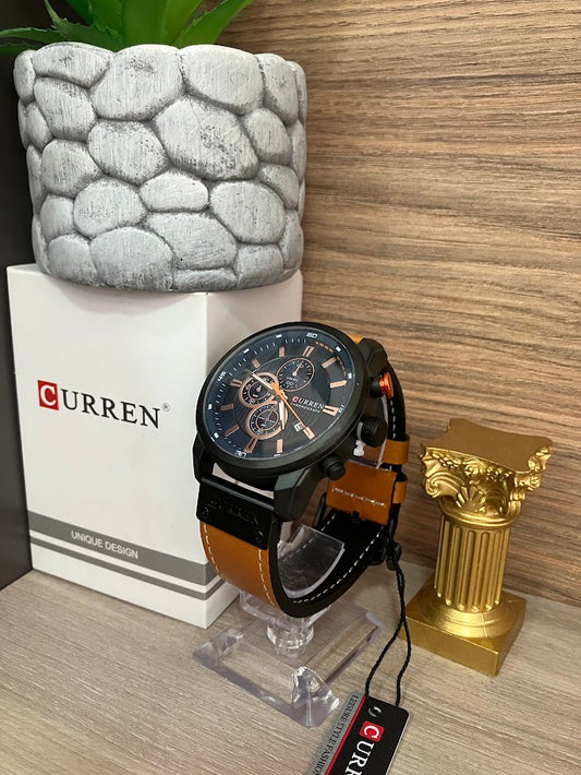 RELOJ CURREN CABALLERO MANILLA EN CUERO CAFE CLARO FONDO AZUL CON CALENDARIO