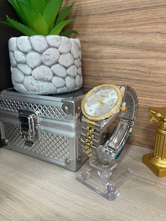 RELOJ ROLEX BICOLOR FONDO PLATEADO DETALLES EN PIEDRA