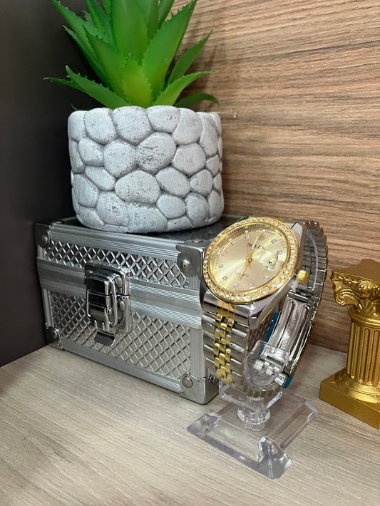 RELOJ ROLEX BICOLOR FONDO DORADO DETALLES EN PIEDRA