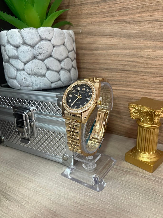 RELOJ ROLEX DAMA DORADO FONDO NEGRO FONDO NEGRO CON DETALLES EN PIEDRA
