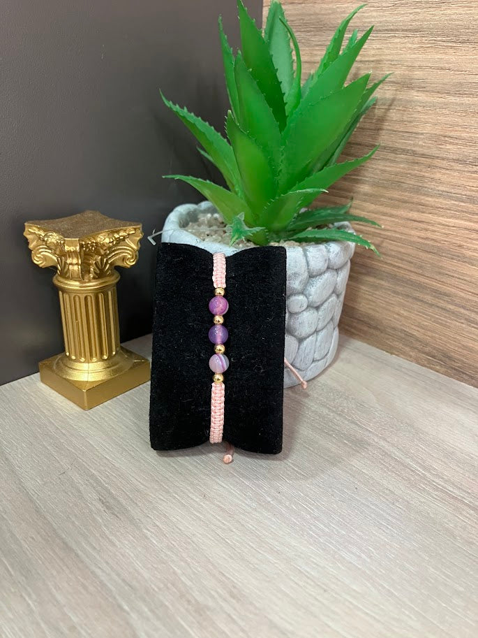 PULSERA TEJIDA ROSADA 4 BALINES PIEDRAS NATURALES ORO LAMINADO