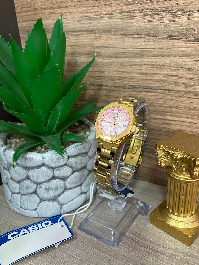 RELOJ CASIO DAMA DORADO FONDO ROSA