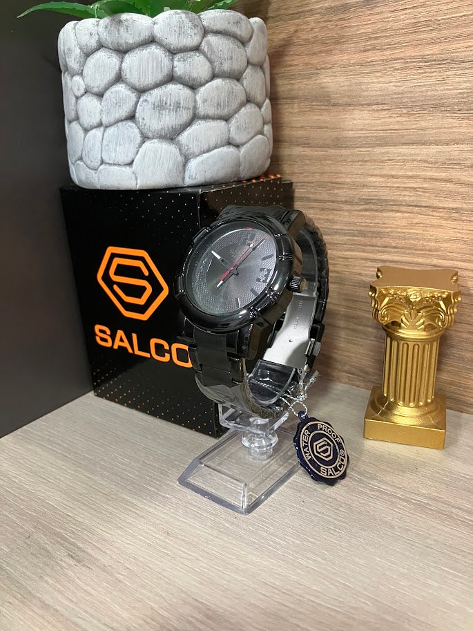 RELOJ SALCO CABALLERO NEGRO CO DETALLES ROJOS