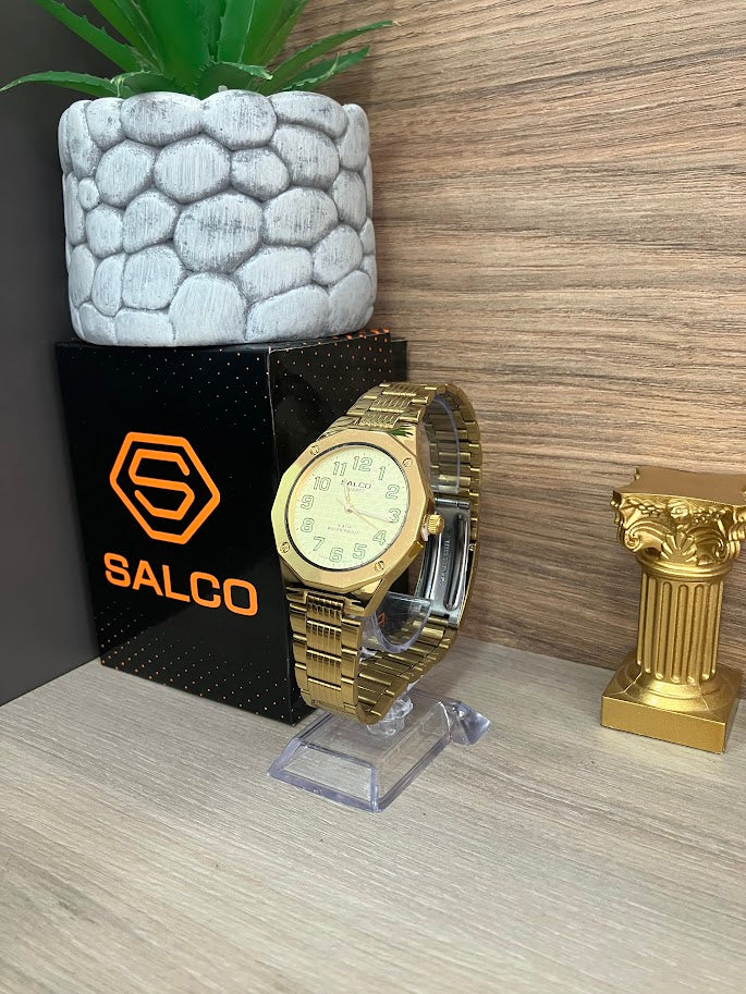 RELOJ SALCO CABALLERO DORADO NUMEROS VERDES