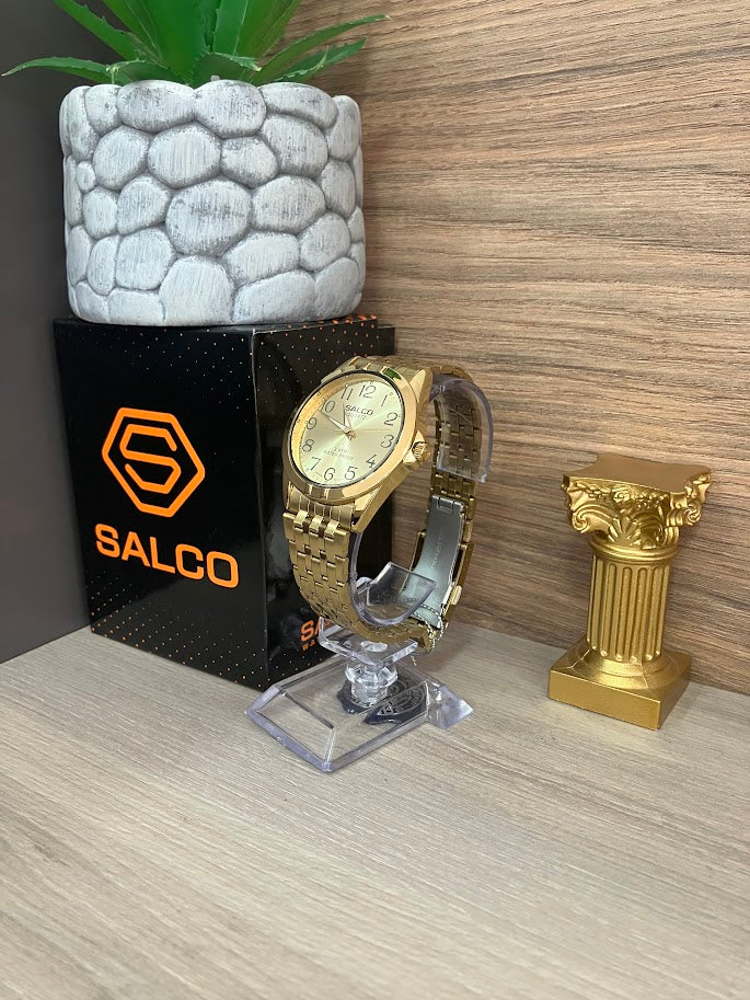 RELOJ SALCO CABALLERO DORADO NUMEROS NEGROS