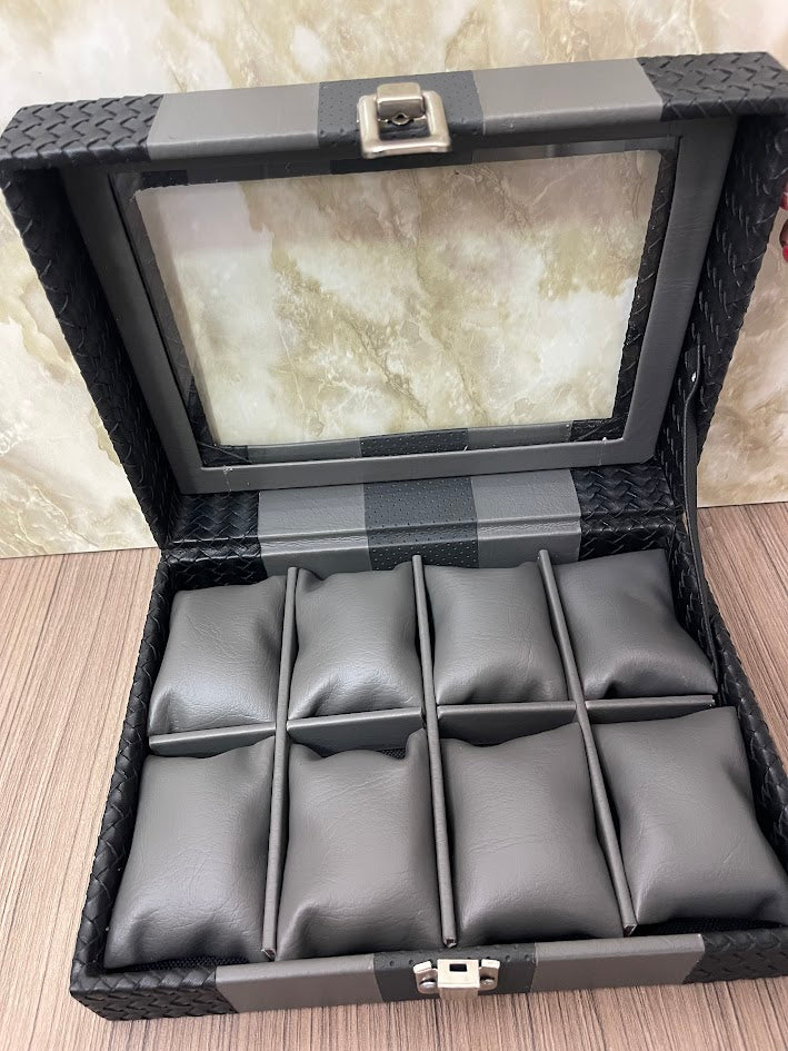 CAJA ESTUCHE ORGANIZADOR PARA 8 RELOJES NEGRO CON GRIS