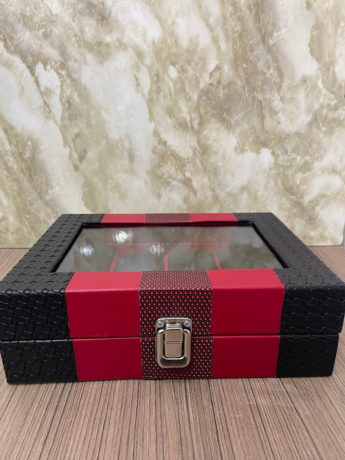 CAJA ESTUCHE ORGANIZADOR PARA 8 RELOJES NEGRO CON ROJO