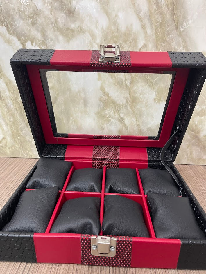 CAJA ESTUCHE ORGANIZADOR PARA 8 RELOJES NEGRO CON ROJO